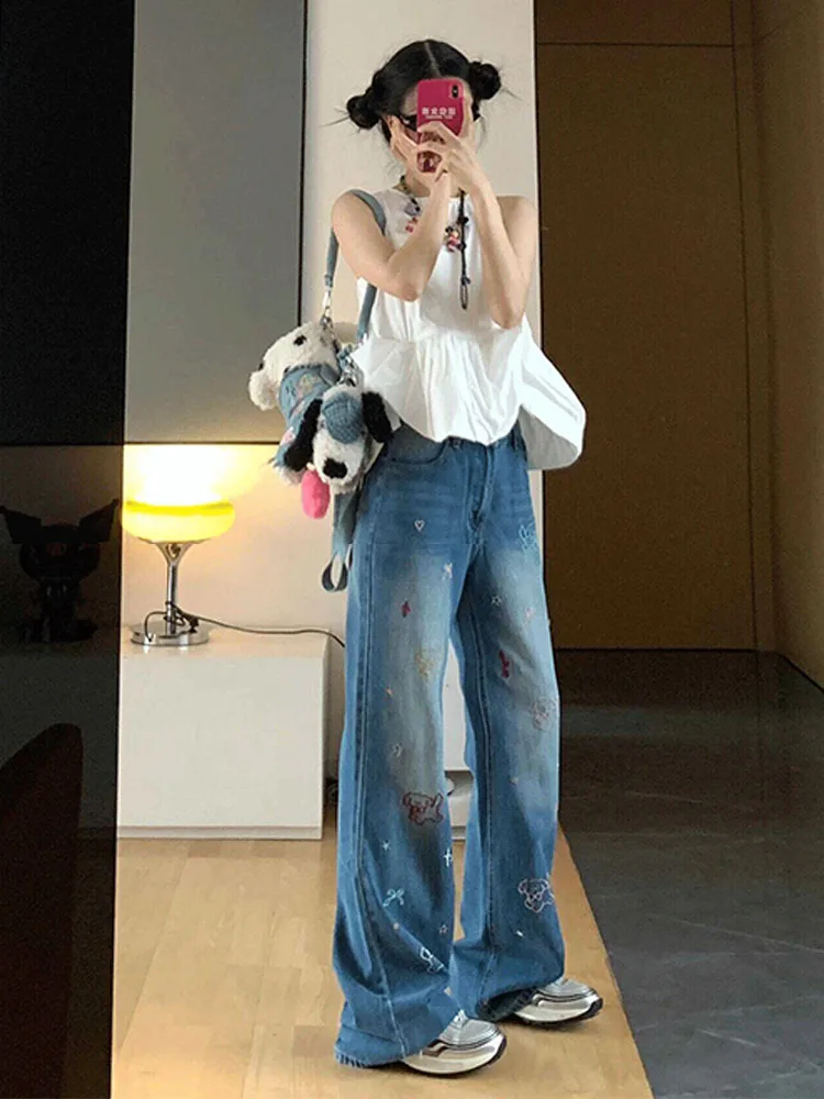 American Style Y2k Coloured Pattern High Waist Blue Jeans Women Casual Wide Leg Pants Summer 2024 Sweet Gyaru Trousers Design