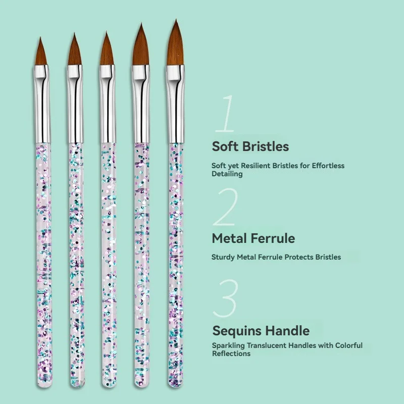5PCS Nail Art Brushes Set UV Gel Acrylic Nail Design Tools Nail Pens for 3D Flowers Carving Detailing Crystal Handle for Salon