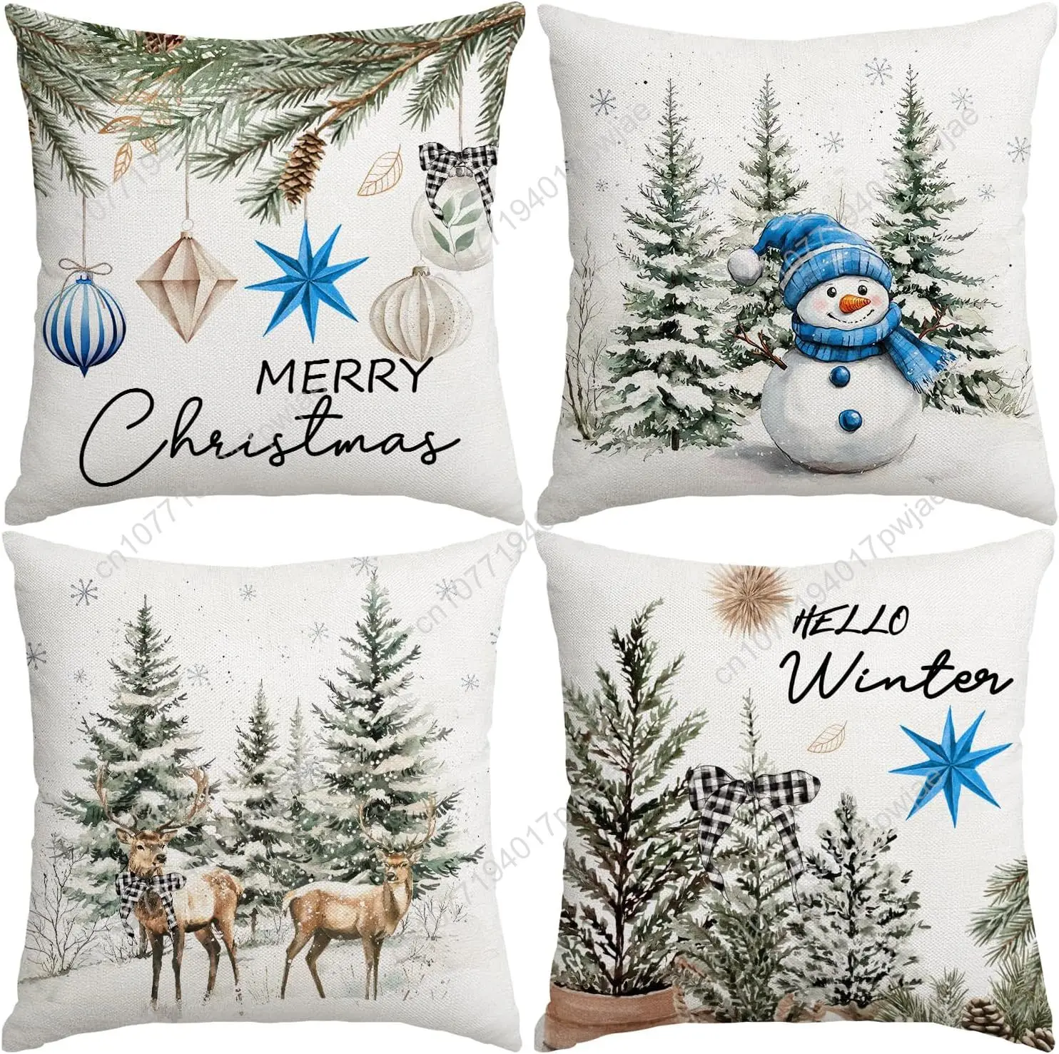 

Artmag Christmas Throw Pillow Covers, 18x18 inch Decorative Farmhouse Merry Christmas Tree Snowman Winter Blue Pillow Cases for