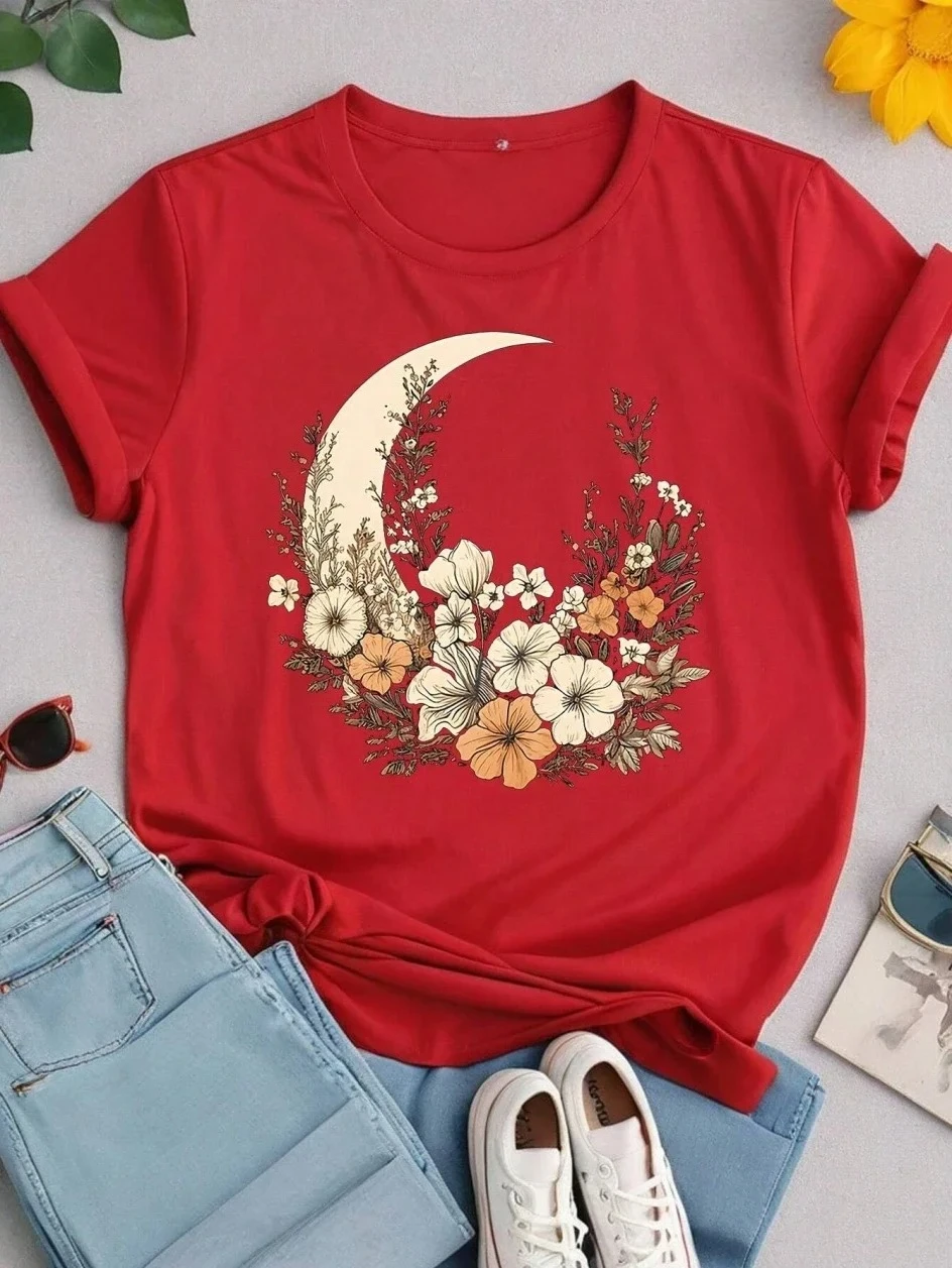 

Женская футболка с принтом цветов и луны, с короткими рукавами, дышащая, летняя, уличная, модная, мягкая женская одежда