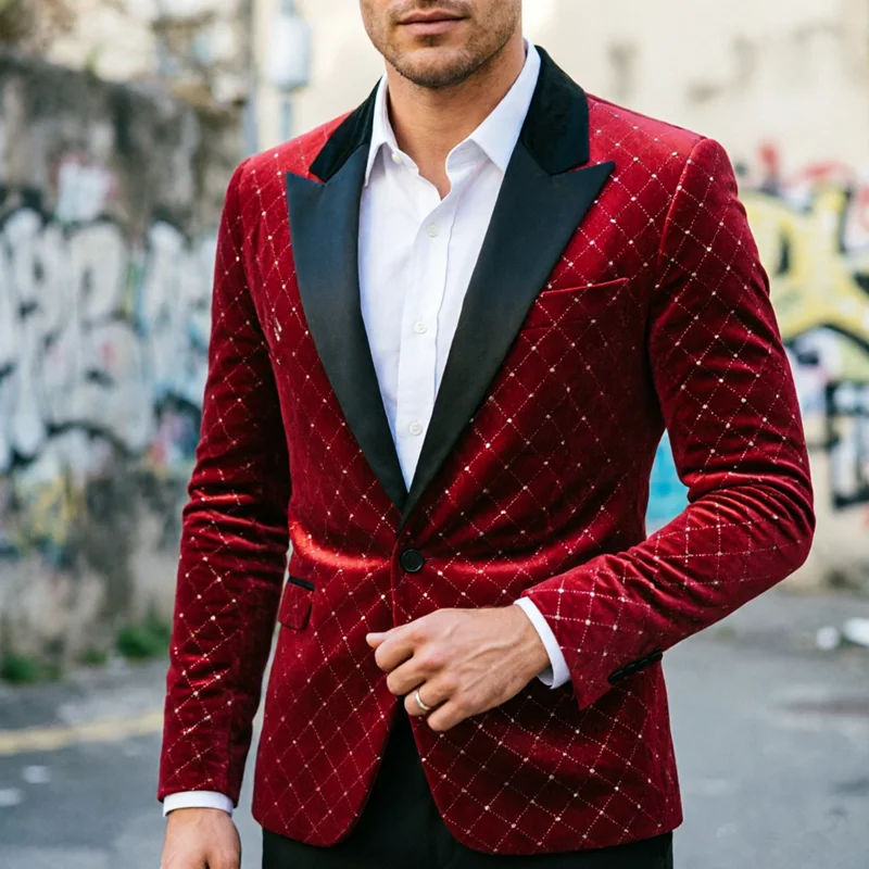 

High-grade Men Luxury Gold Velvet Suit One Button Loose Jacket Black Green Burgundy Mens Wedding Party Dress Plaid Blazers