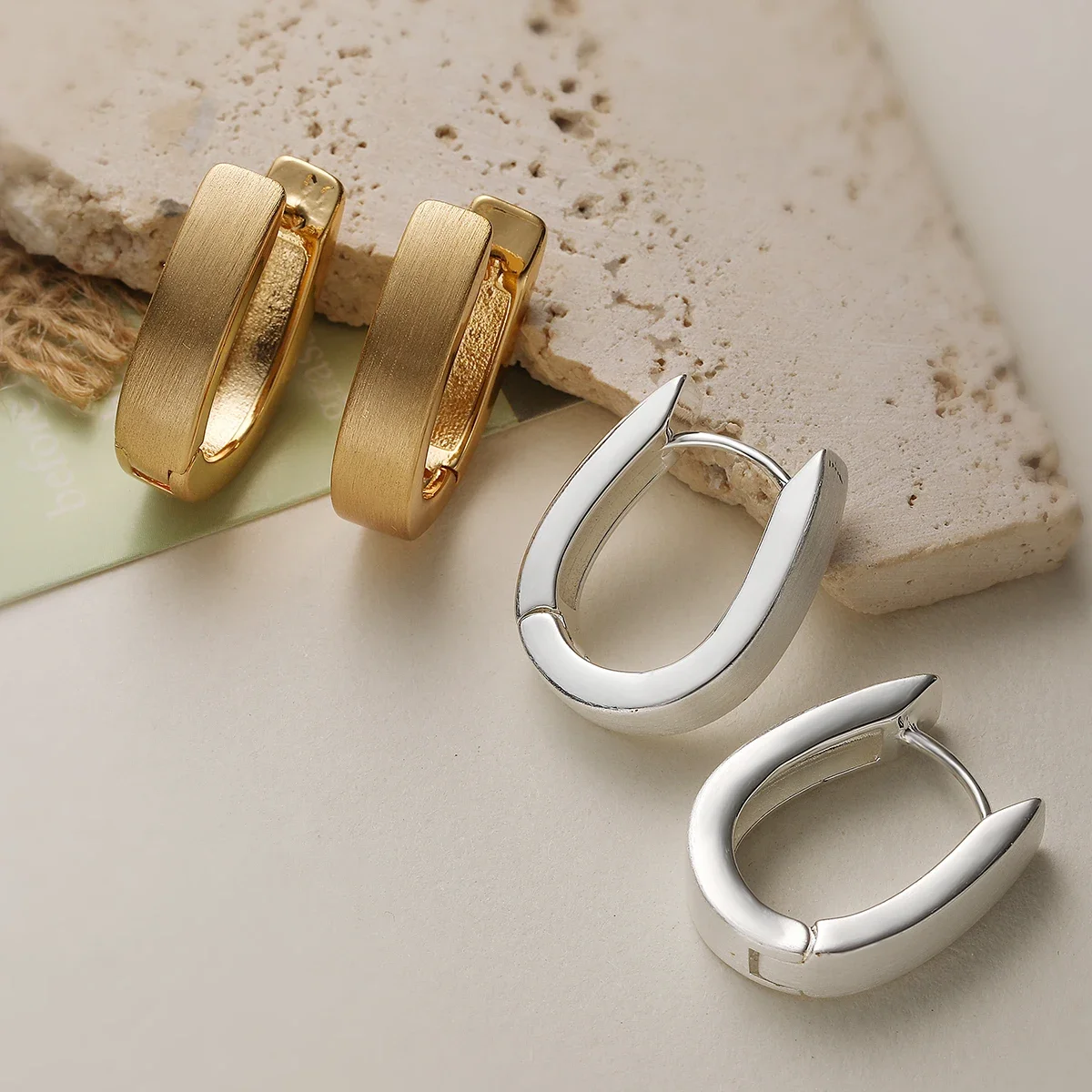 NEWBUY Brushed Chunky Hoop Earrings Gold & Silver Plated Minimalist OL Style Luxury Daily Vacation Women Jewelry