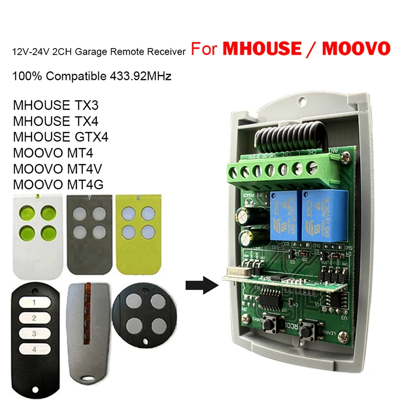 

MHOUSE GTX4 TX4 TX3 MOOVO MT4G MT4V MT4 433.92MHz Garage Door Remote Control Universal Receiver