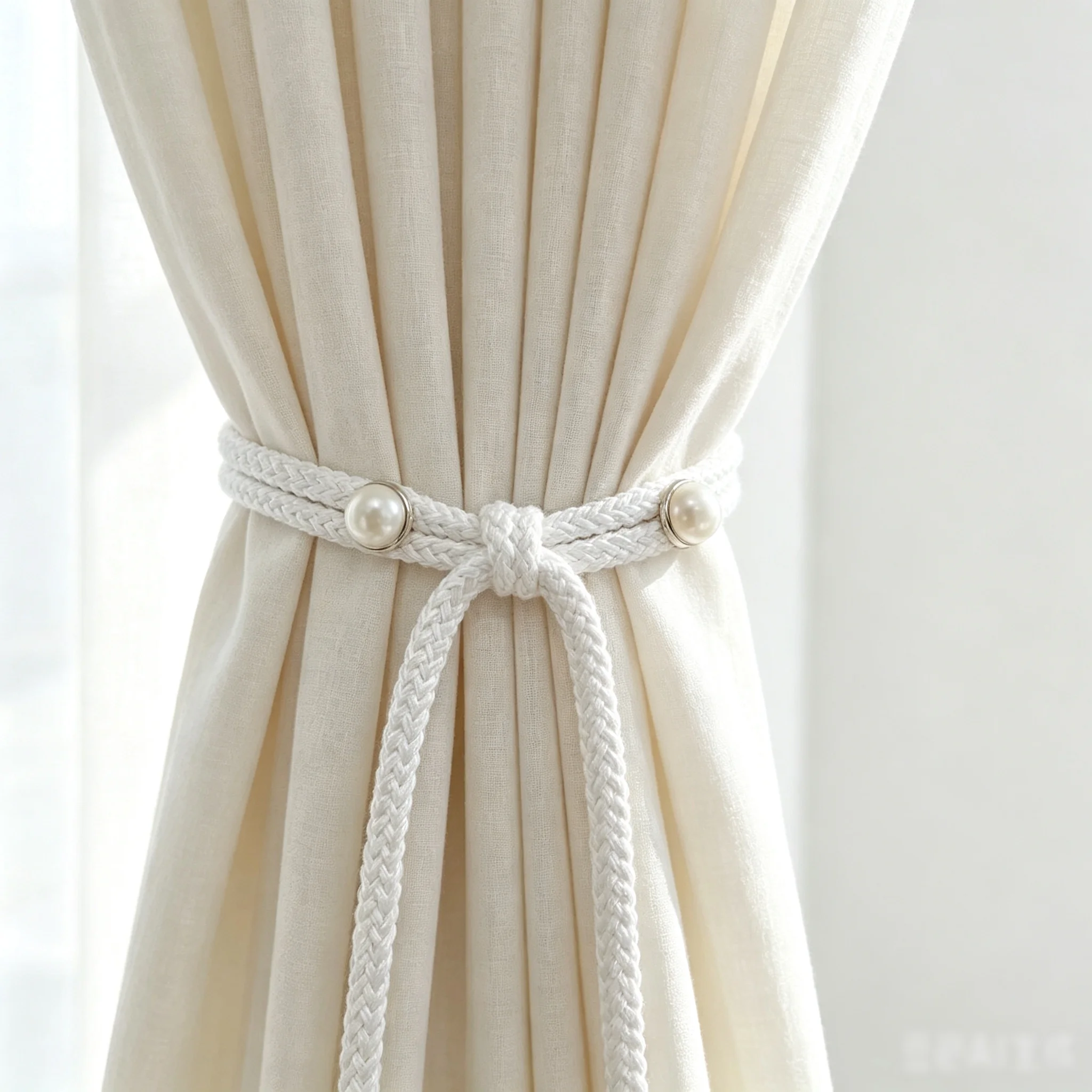 48cm Pearl Magnetic Curtain Tiebacks, White Braided Magnetic Curtain Holdbacks, No‑Drift Decorative Curtain Rope for Bedroom Liv