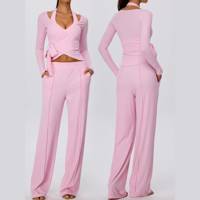 Women Ribbed Yoga Outfit Set Long Sleeve Halter Off Shoulder Wrap Top High Waist Wide Leg Pants Casual Fitness Workout Suit