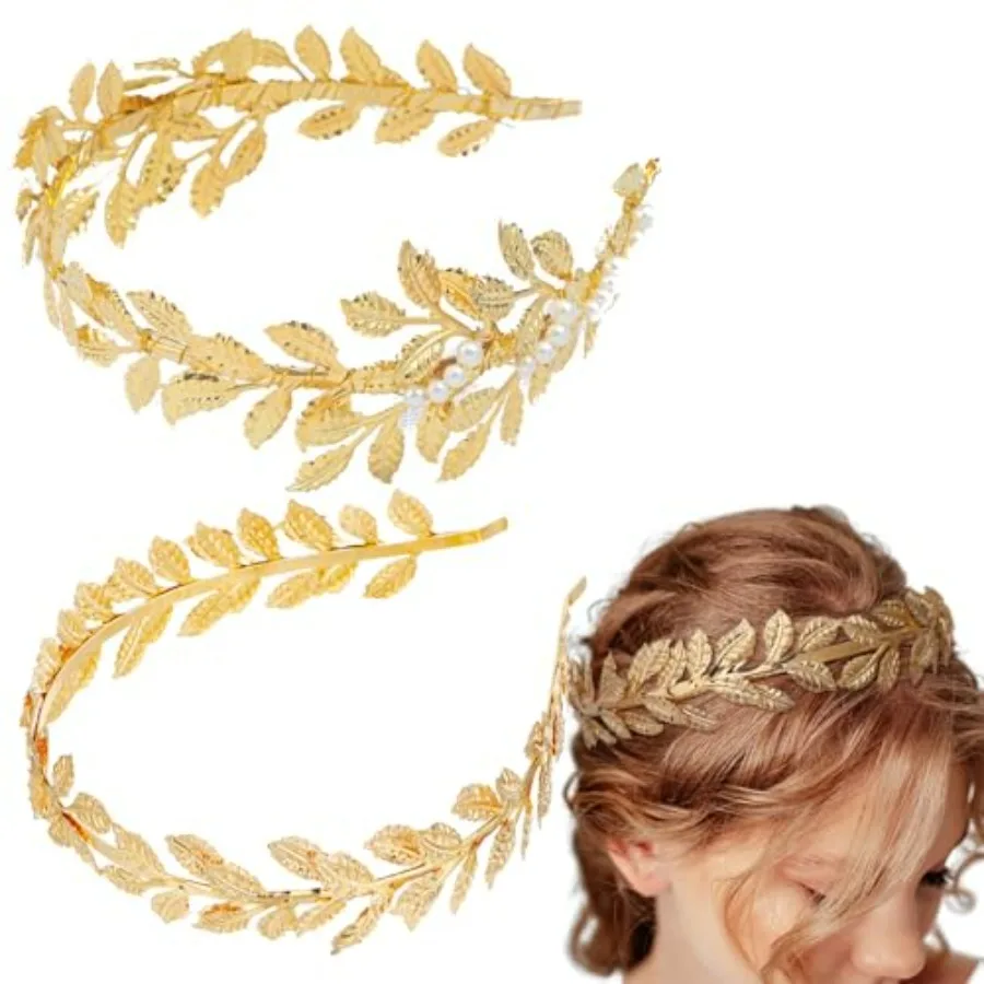 

2 Pcs Greek Gold Color Leaf Headbands Goddess Crown Bridal Headband Baroque Vintage Golden Olive Leaves Hair Loop for Wedding H