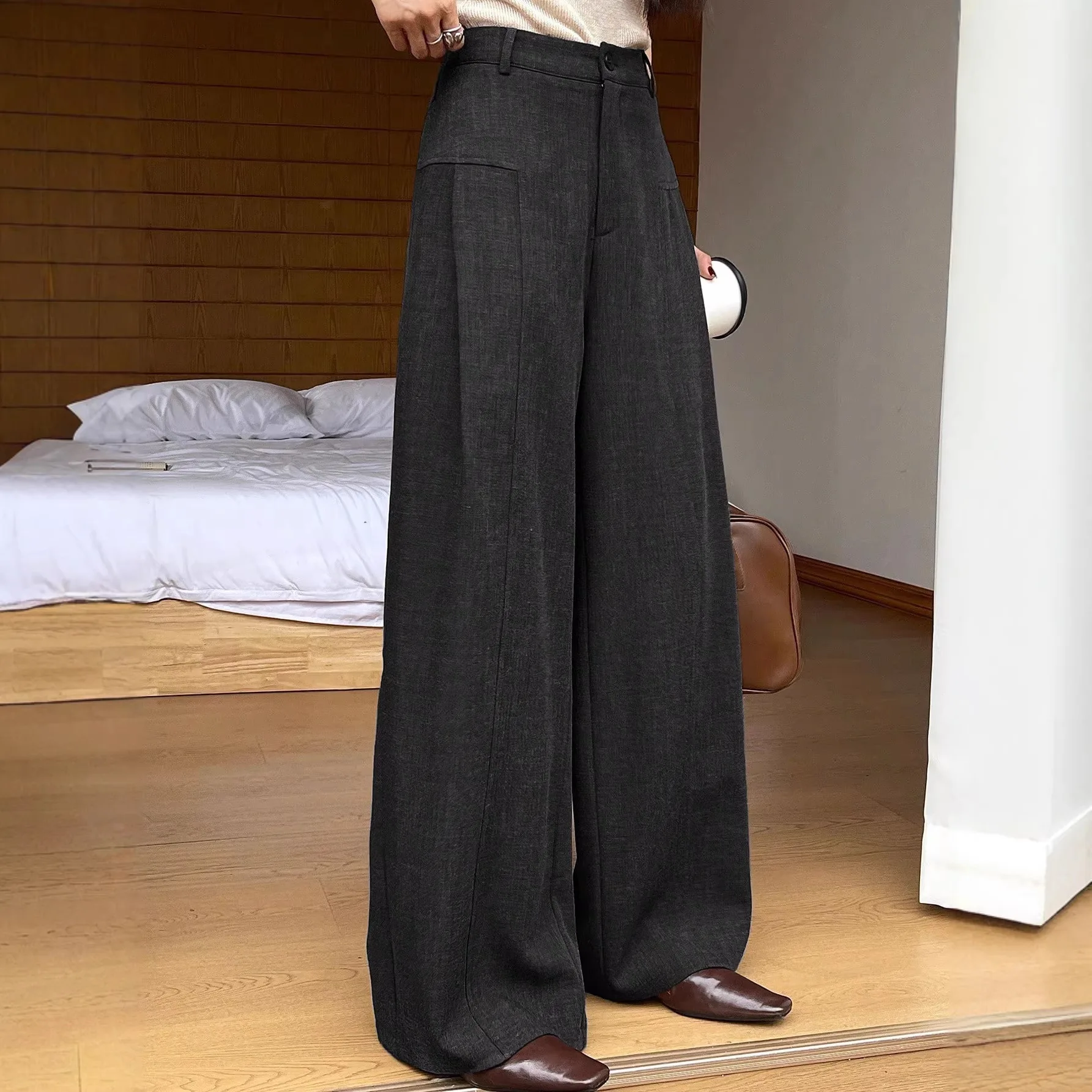 

Slim Fit Slimming Sports Draped Gray Straight American Retro Casual Design Women's Wide Leg Pants