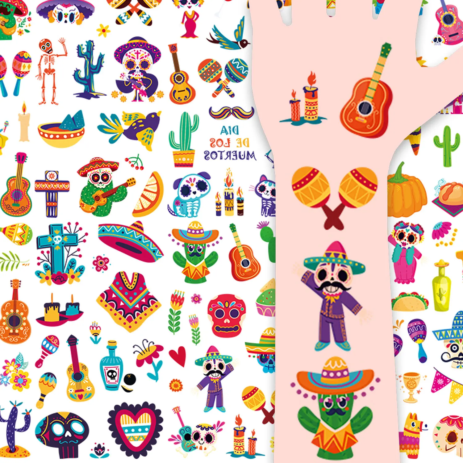 

5 Sheets Day of The Dead Temporary Tattoo Stickers Halloween Party Skull Skeleton Cactus Guitar Patterns Waterproof Fake Tattoos