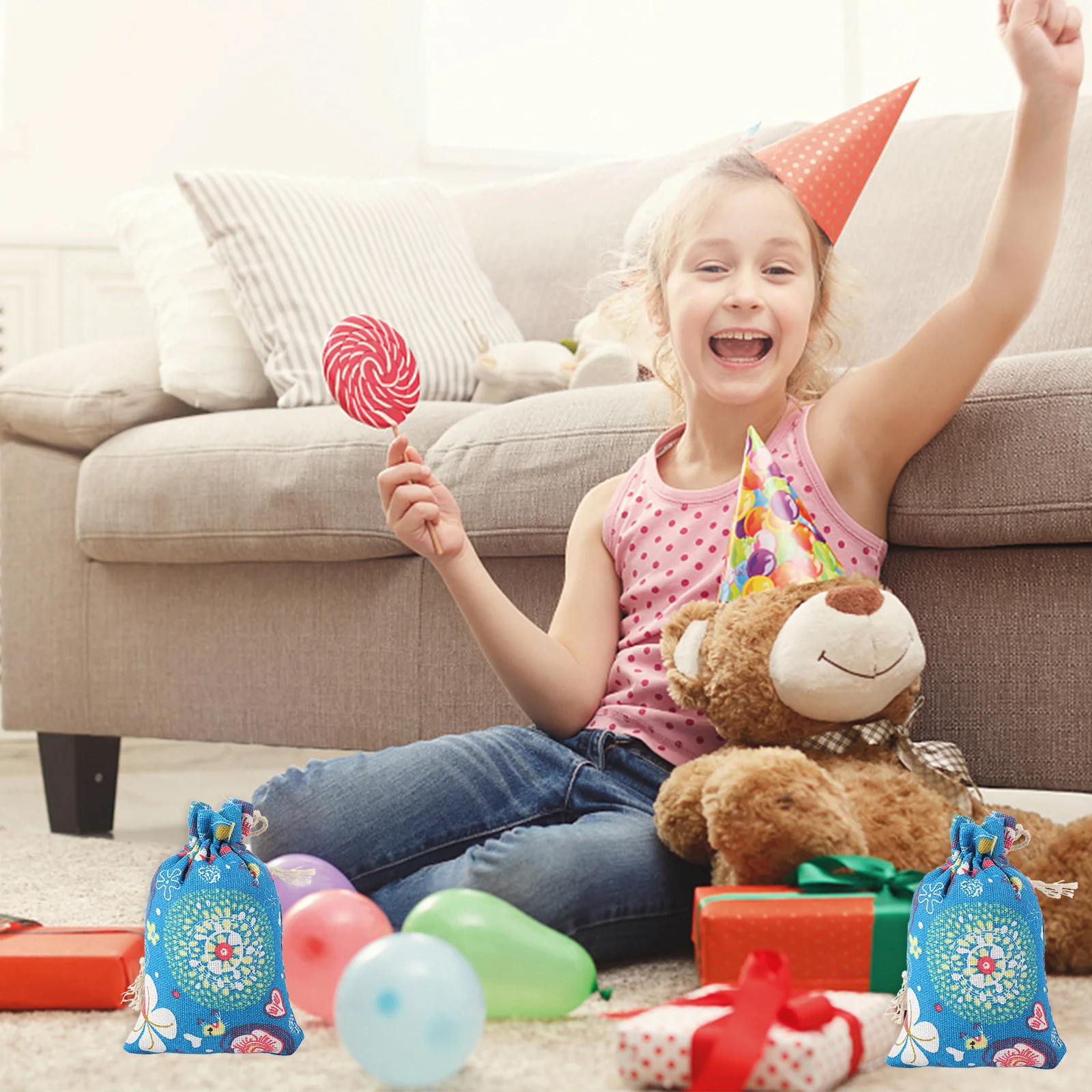 

12Pcs Candy Gift Bags Christmas Party Favors Reusable Cotton Drawstring Pouches for Treats Cookies Accessories Storage Assorted