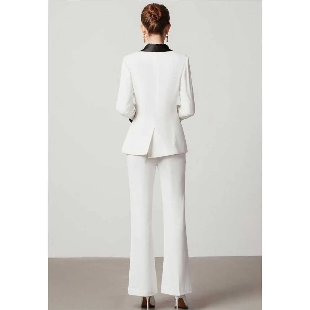 Fashion Chic White Suits for Women Black Shawl Lapel Double Breasted 2 Piece Jacket Pants Office Lady Slim Fit Blazers Sets