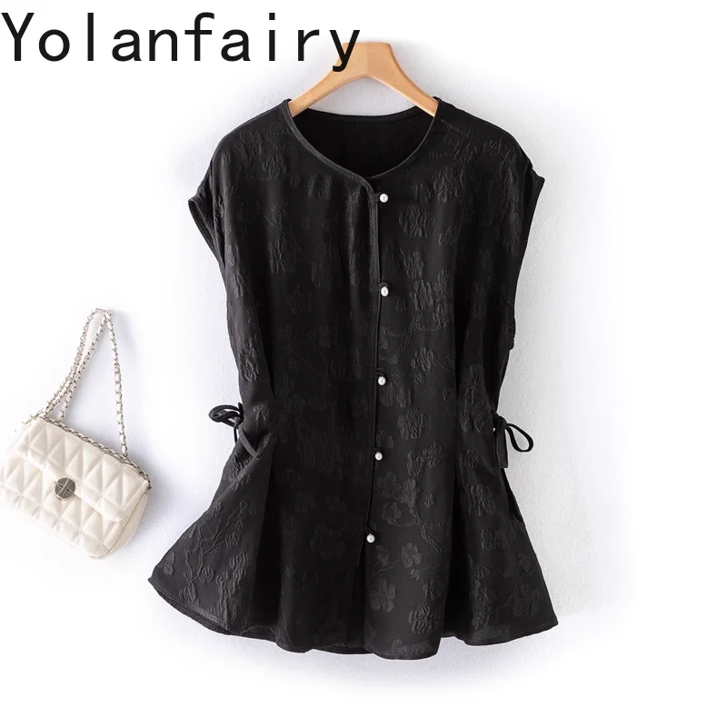 

YOLANFAIRY 100% Genuine Mulberry Silk Shirt for Woman Jacquard Summer Women Shirts Chinese-style Top Loose Black Shirts Dames