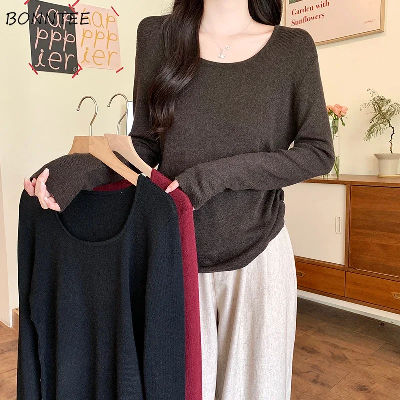 Solid Pullovers Women Simple Clean Basic Thermal Tops All-match Loose Knitted Mujer Sweaters Autumn Winter Warm Cozy O-neck New