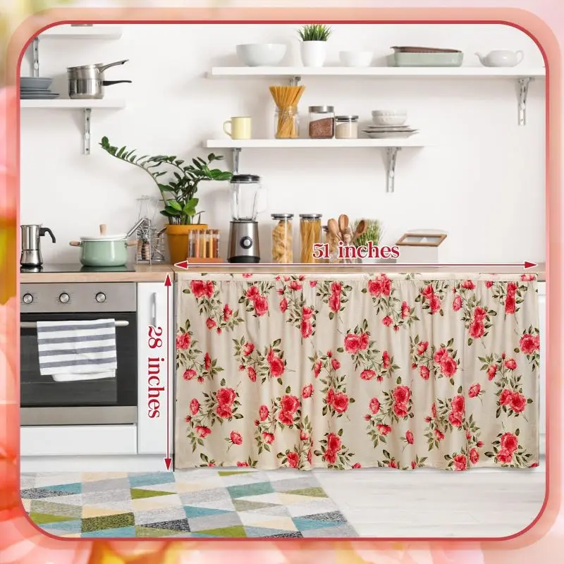 VIKAMA Red Rose Floral Under Sink Skirt Hook and Loop No Drill Cabinet Curtain Farmhouse Kitchen Home Decor Cover