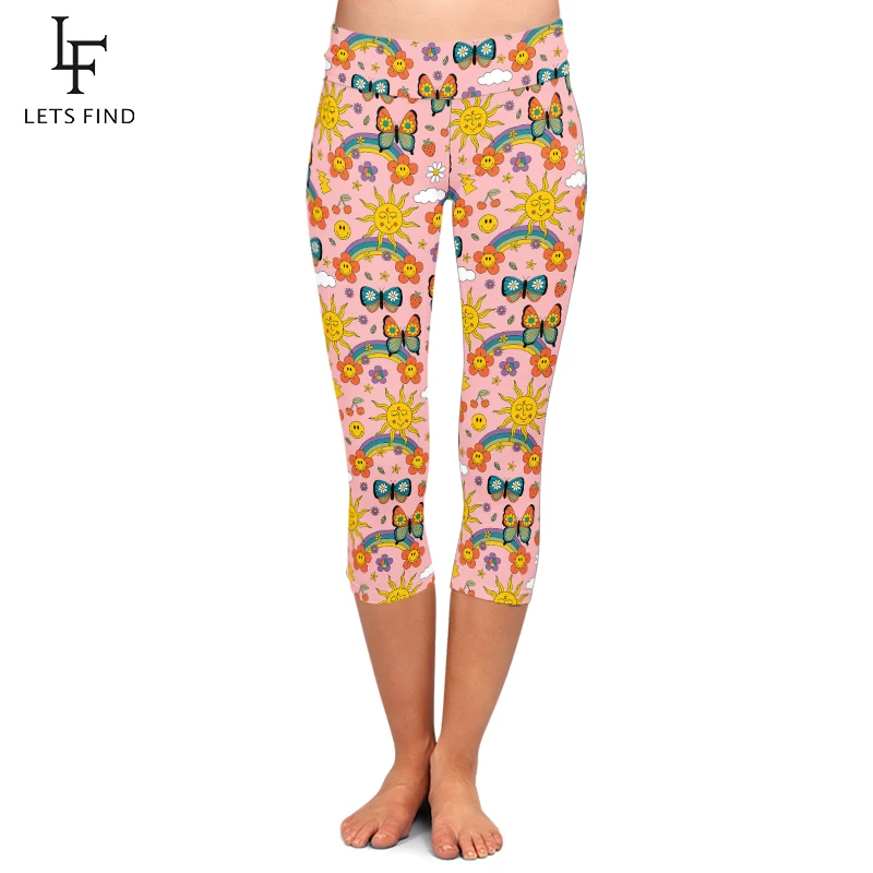 LETSFIND-3D Sun arco-íris borboleta estampa leggings fitness de cintura alta para meninas, sexy mid-bezerro 3-4 leggings, calças de moda feminina, verão