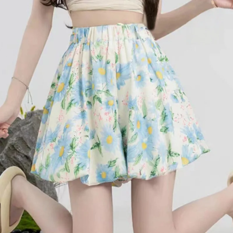 Fashion Summer Japanese Style Fresh Sweet Floral Shorts Women's High Waist Slim Chinese Flower Bud Printed Wide-leg Culottes