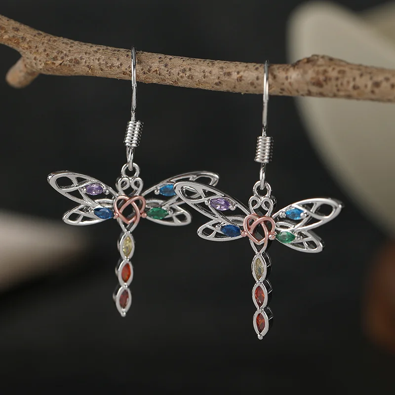 Creative Dragonfly Hollow Shaped Women's Earrings Inlay Colored Synthetic Zircon Rustic Style Dangle Earrings Fashion Jewelry