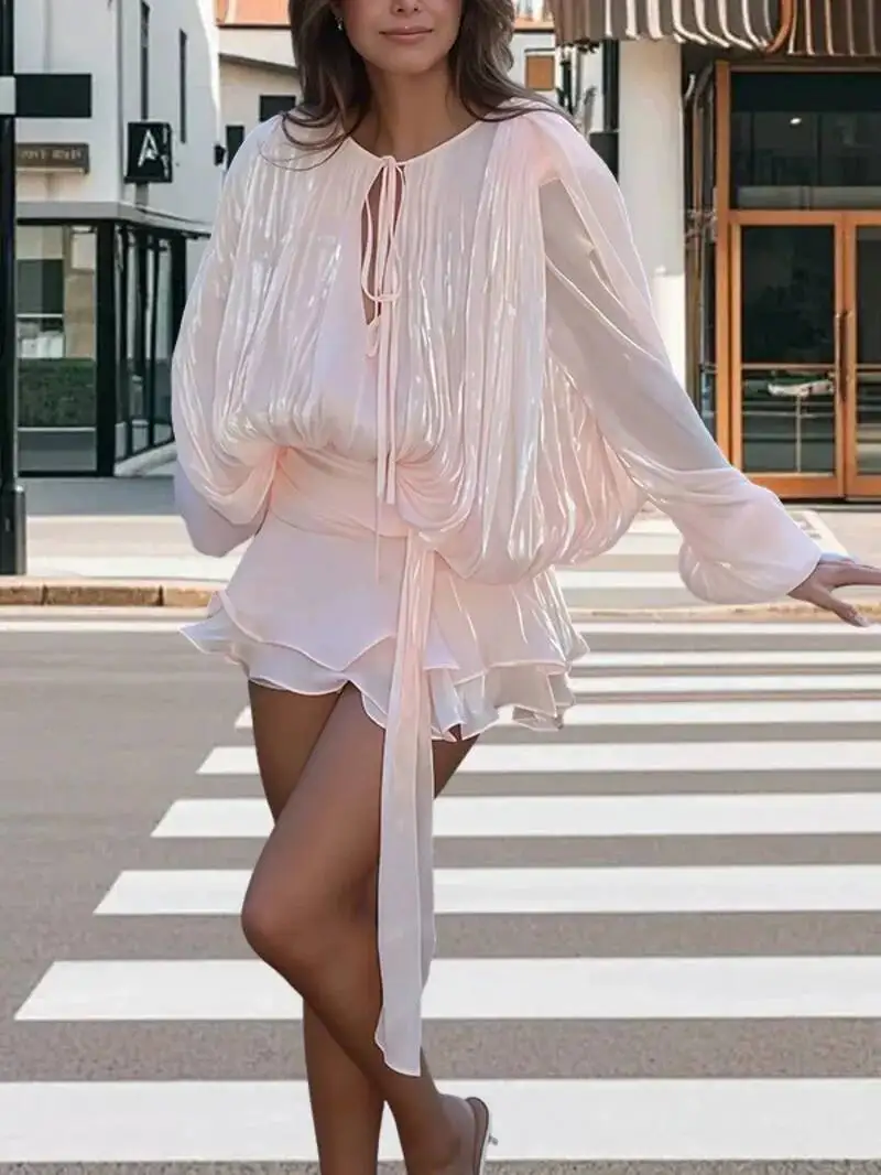 Streetwear Temperament Dresses For Women Round Neck Long Sleeve High Wiast Soild Slimming Mini Dress Female Fashion Clothing YA5