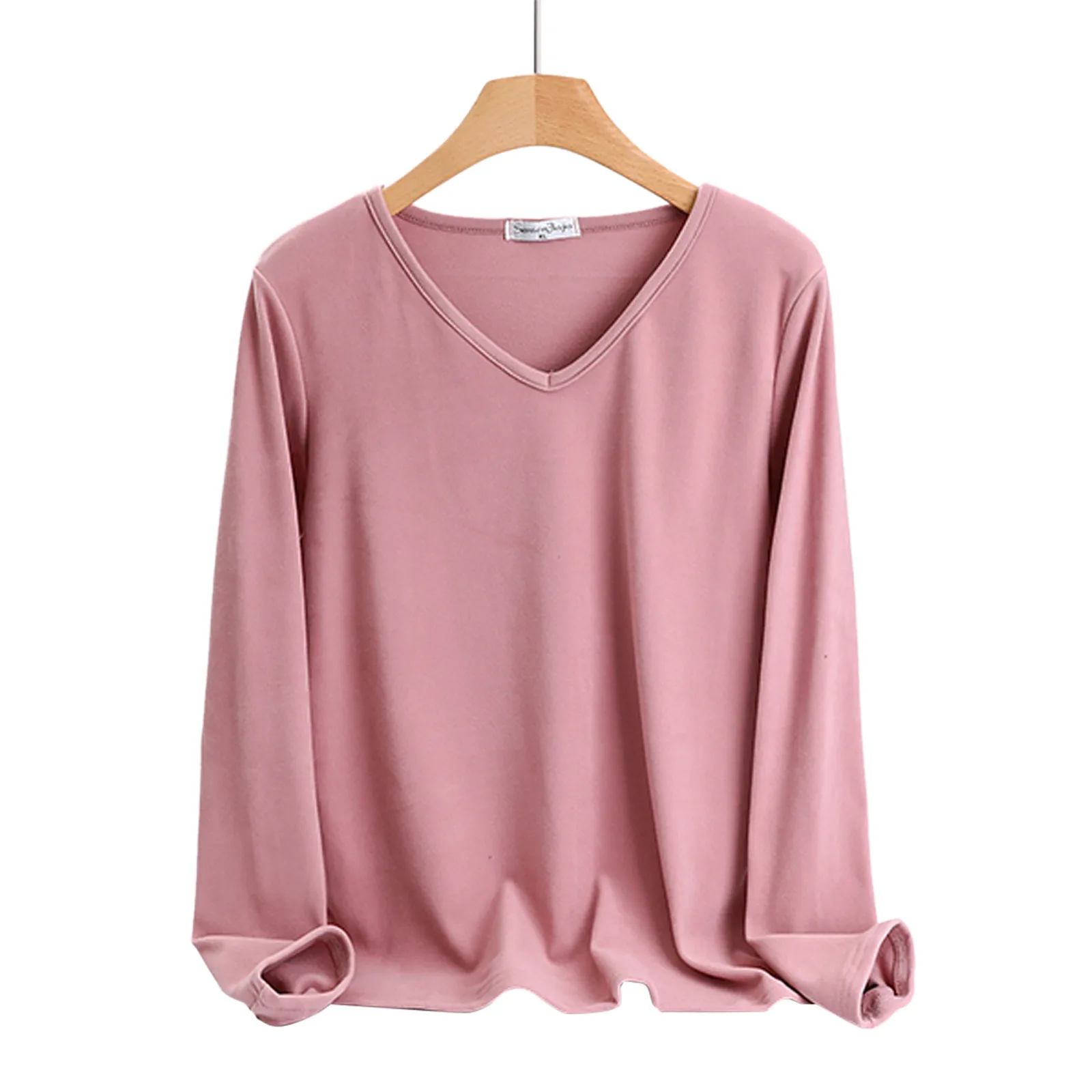 Women\'s Casual Fashion V Neck Fleece Lined Thermal Underwear Slim Tops Long Sleeve Solid Color Bottom Shirts Winter Tops