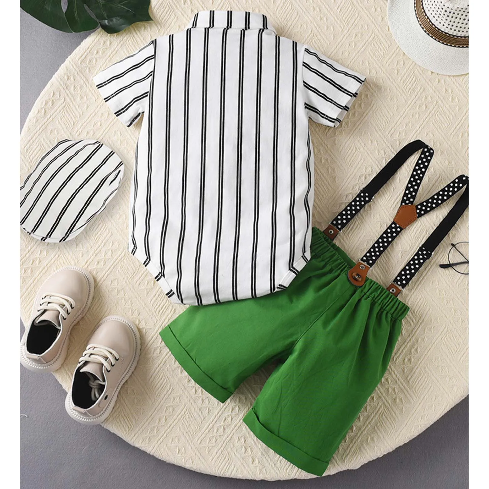 Baby Boys Suit Short Sleeve Lapel Striped Shirt Romper with Bowtie Suspender Shorts Hat Wedding Party Photography Kids Clothing