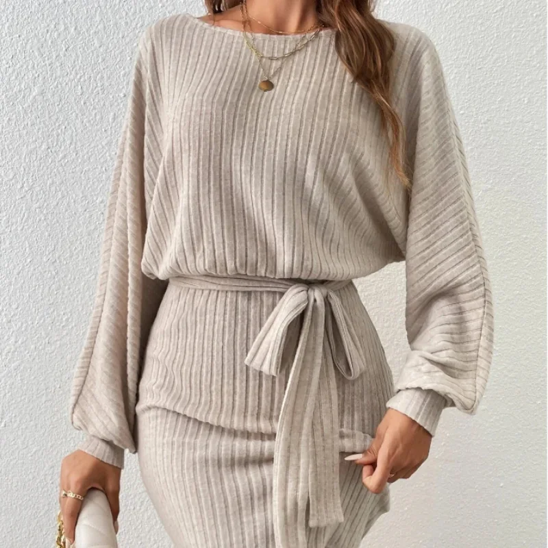 2023 Autumn New European and American Women\'s Belt Bat Sleeve Round Neck Long Sleeve Slim Casual Office Lady Female Knit Dress