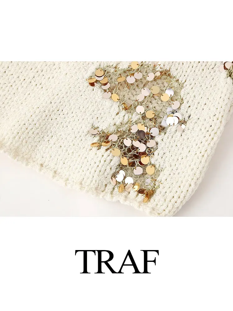 TRAF Spring 2024 Female Fashion Knitted Cropped Vest Casual Sequined Knitted V-neck Sleeveless High Street Patchwork Tank Tops