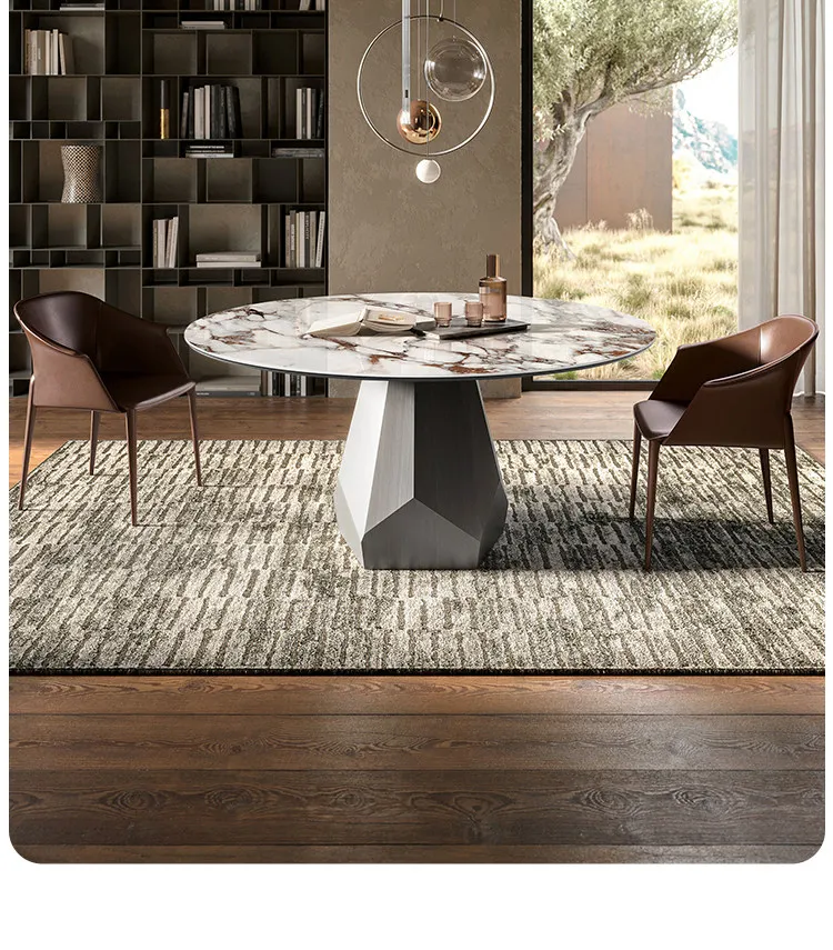 Modern Simple Round Dining Table and Chair Set Travertine Stone Top High End Italian Style Small Apartment Household