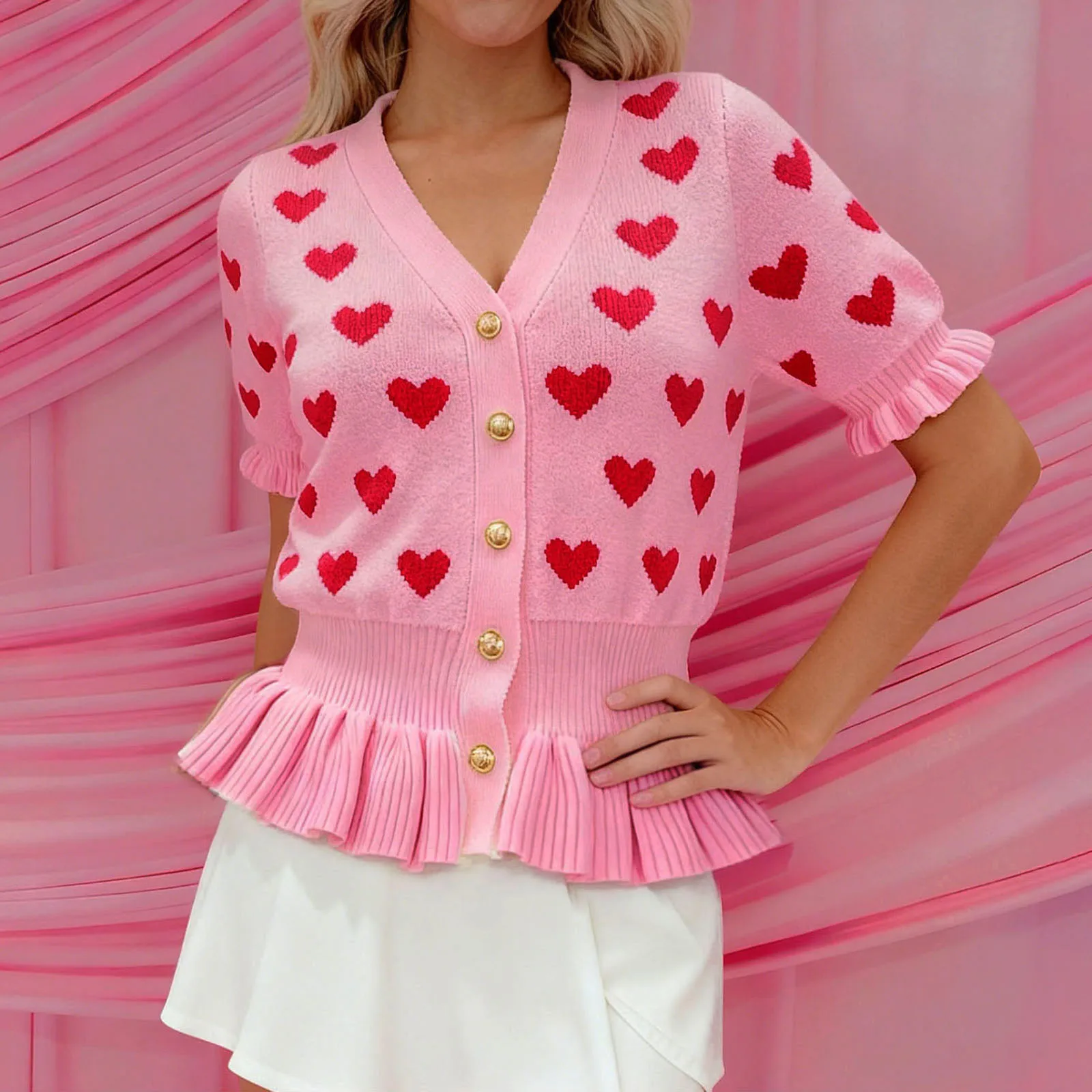 เสื้อคาร์ดิแกนถักลายหัวใจสุดหรูสำหรับผู้หญิงในวันวาเลนไทน์ ดีไซน์เก๋ไก๋ ขอบระบาย กระดุมผ่าหน้า คอวี แขนครึ่งตัว
