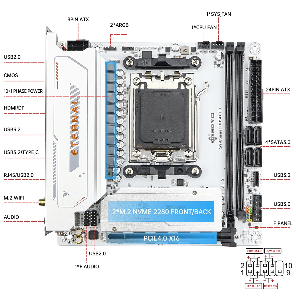 Soyo b850itx placa-mãe amd ryzen am5 ddr5 suporta cpu 7000 8000 9000 processadores pcie5.0x16 pcie4.0x4 m.2 argb wifi6