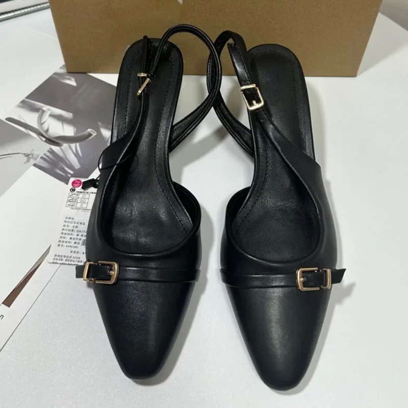 Black Women Summer Sandals 2024 New Fashion Buckle Casual Comfortable leather High Heeled Office Female Slingback Shoes image 2