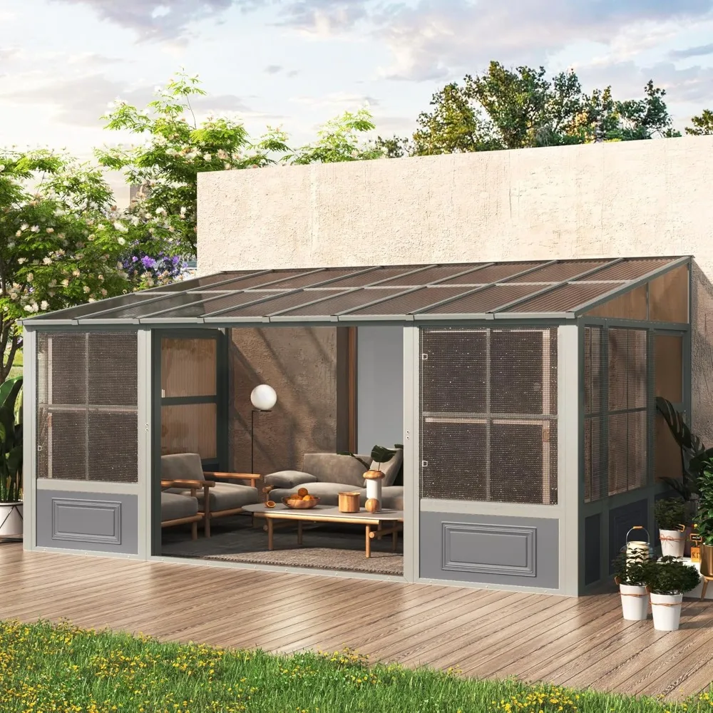 

Wall Mounted Gazebo Solarium with Aluminum Frame, Polycarbonate Roof, Sun Room with Sliding Doors, Lockable PC Screen Walls