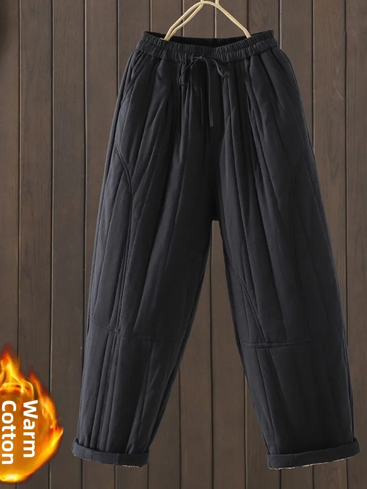 レトロな綿麻ハーランパンツ女性の冬暖かい Dstring 弾性ウエストスリムフィットパンツアウターウェア