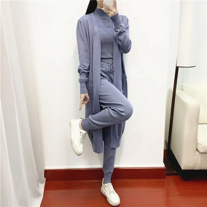 3 Piece Set Muslim Women Knitting Vest Cardigan Long Coat Pockets Trousers Drawstring Suit Pencil Pants Outfits Knit Ensemble