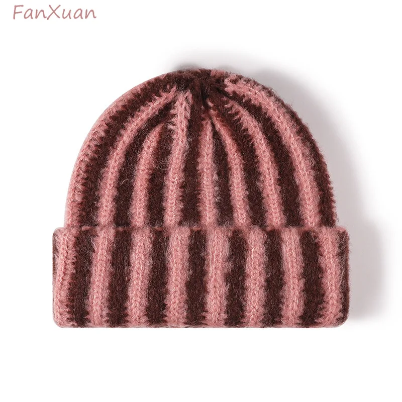 new beanies hats for women knitted striped red pink yellow orange winter hats caps double layers thickened