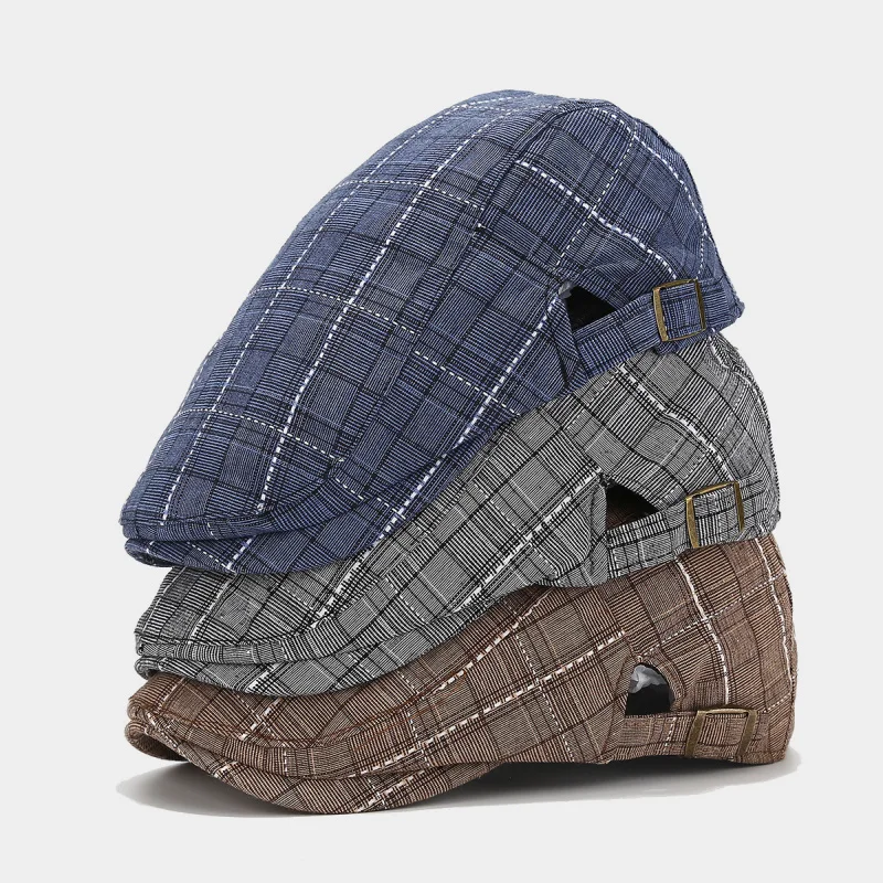 Men's Plaid Cotton Flat Cap Vintage British Style Ivy Gatsby Hat