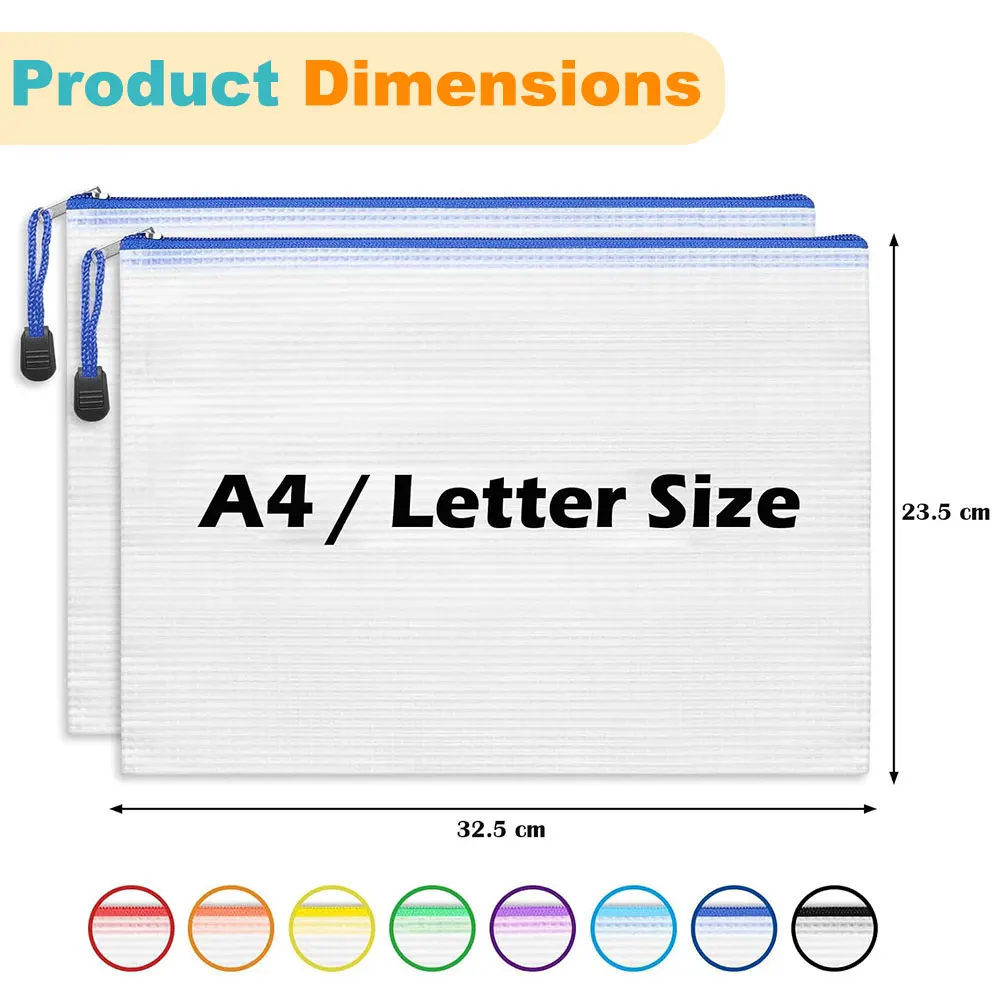 24-Pack A4/Letter Zipper Mesh File Bags, Waterproof PVC Pouches in 8 Colors for School, Office, Toys, Cosmetics & Travel