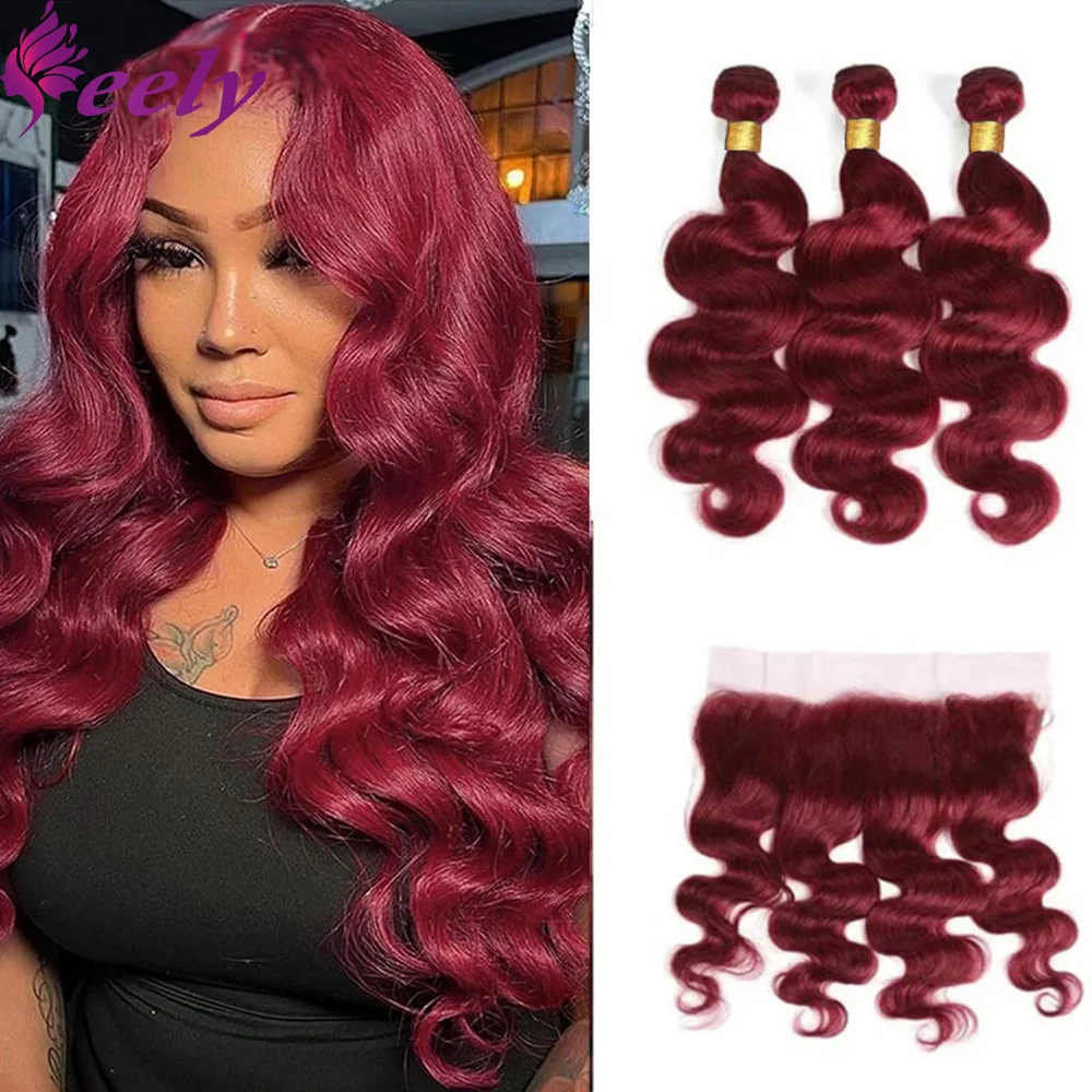 

Frontal 13x4 Lace Human Hair Bundles Body Wave #99J Brazilian 100% Real Human Hair Bundles With Closure Extensions 22 24 26 Inch