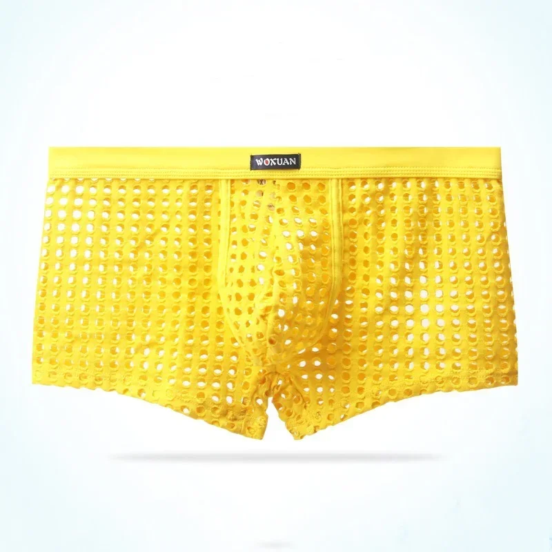 Nova roupa interior masculina respirável malha boxers cintura baixa oco para fora calcinha sexy
