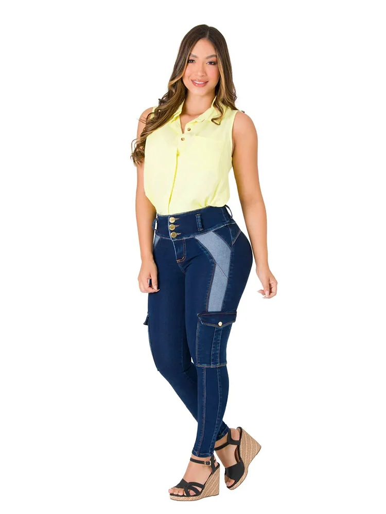 

Женские модные темно-синие облегающие повседневные джинсы контрастного цвета с высокой талией и подтяжкой бедер, облегающие повседневные джинсы с девятью точками