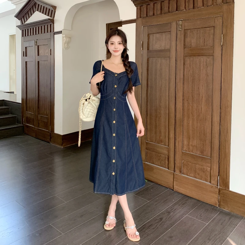 

Plus Size Women's Clothing 2025 Summer Denim Dresses Loose Short Sleeve Lady Vestidos Casual Female Robe Jeans Dress KE9211