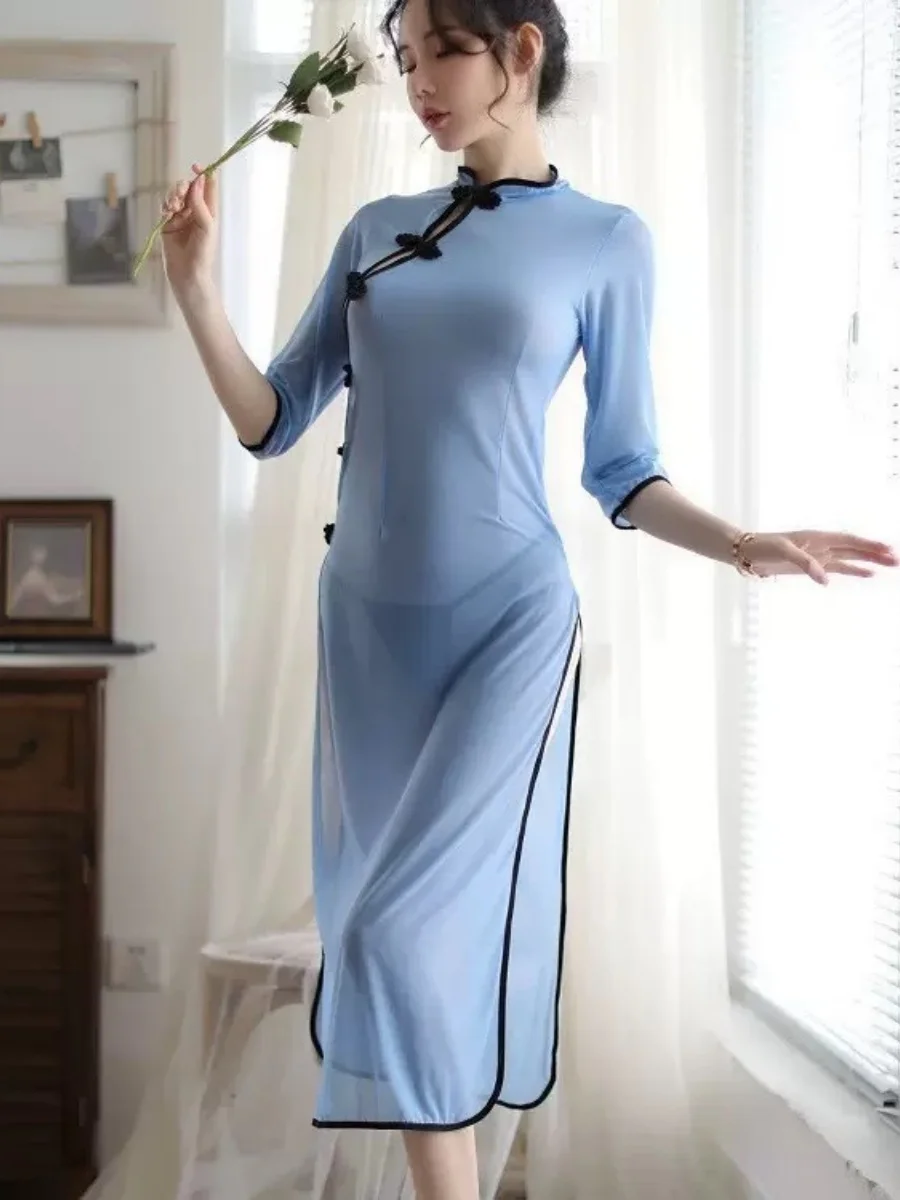 Sexy Lingerie Women Chinese Cheongsam Qipao Costume Erotic Vintage Button Up High Slit Teddy Lace Sleepwear Nightwear