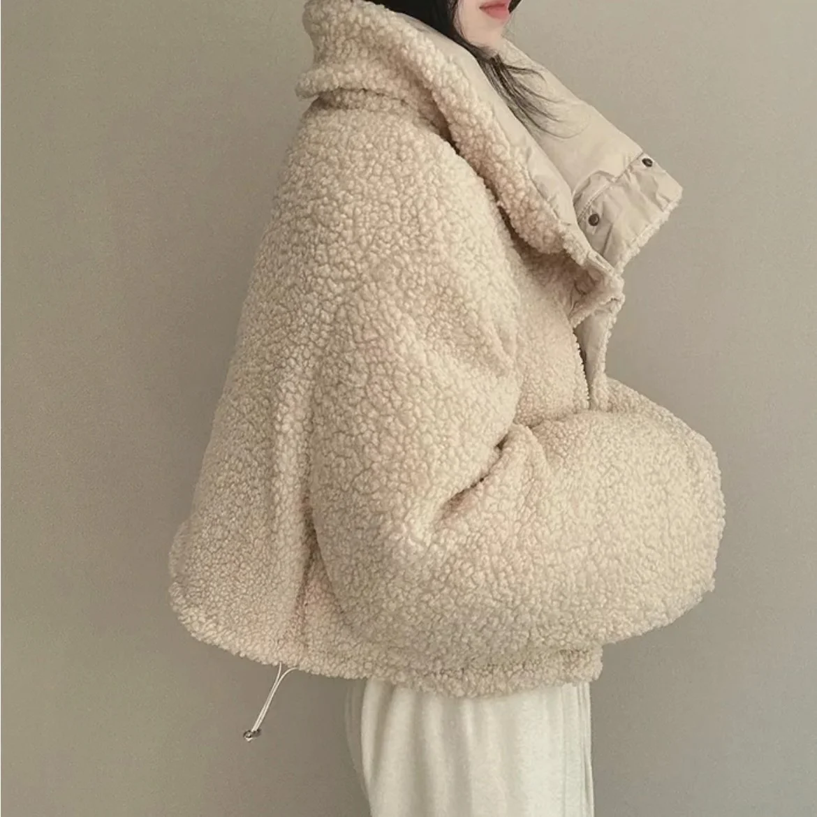 Women's Beige Patchwork Faux Rabbit Fur Parka Coat Warm Fashion Overcoat Harajuku Vintage Padded Coats 2000s Clothes 2024 Winter