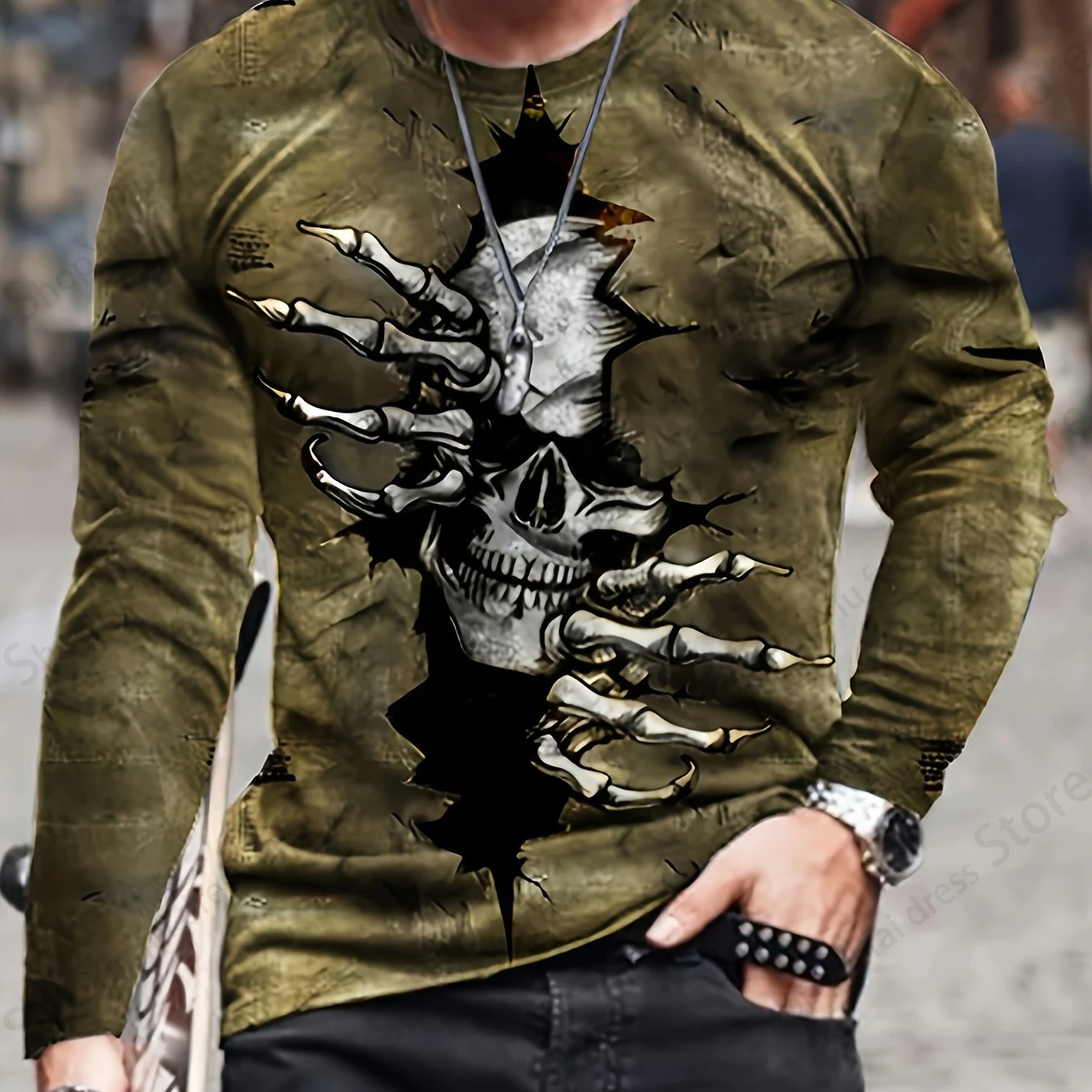 Halloween Men\'s Long Sleeve T-shirt 3d Skull Skeleton Print Graphic T Shirts Men Fashion Hip Hop Tops Tees Men\'s Clothing Horror