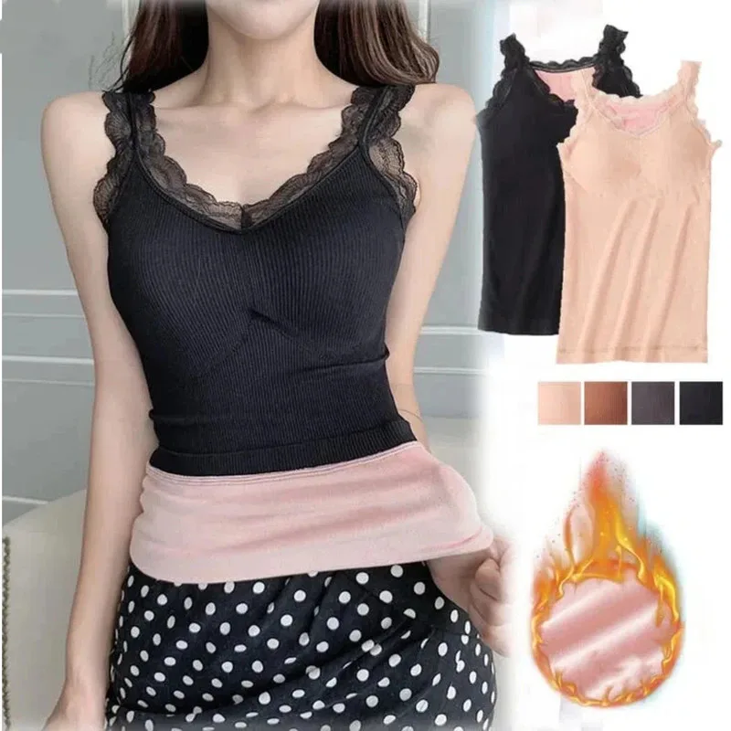 

Woman Thermal Underwear Thicken Sleeveless Crop Top Autumn Winter V-Neck Lace Fashion Slim Warm Vest Camisole