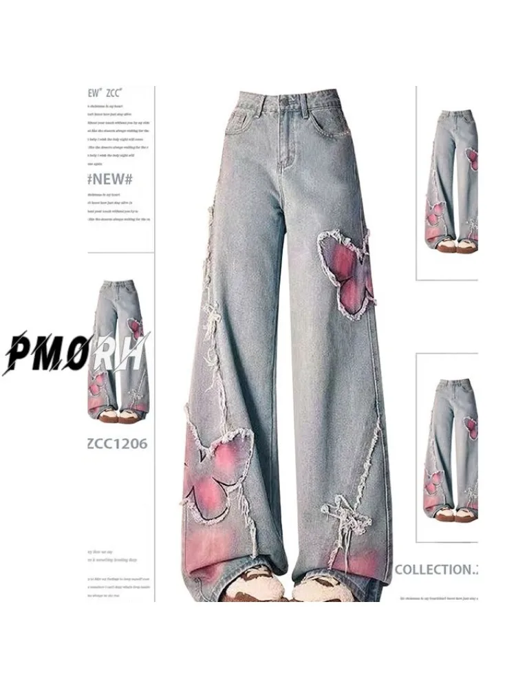 

Women Baggy Pants Denim Y2K Jeans Streetwear Embroidered Vintage Design Straight High Waist Butterfly Patchwork Raw Edges Draped