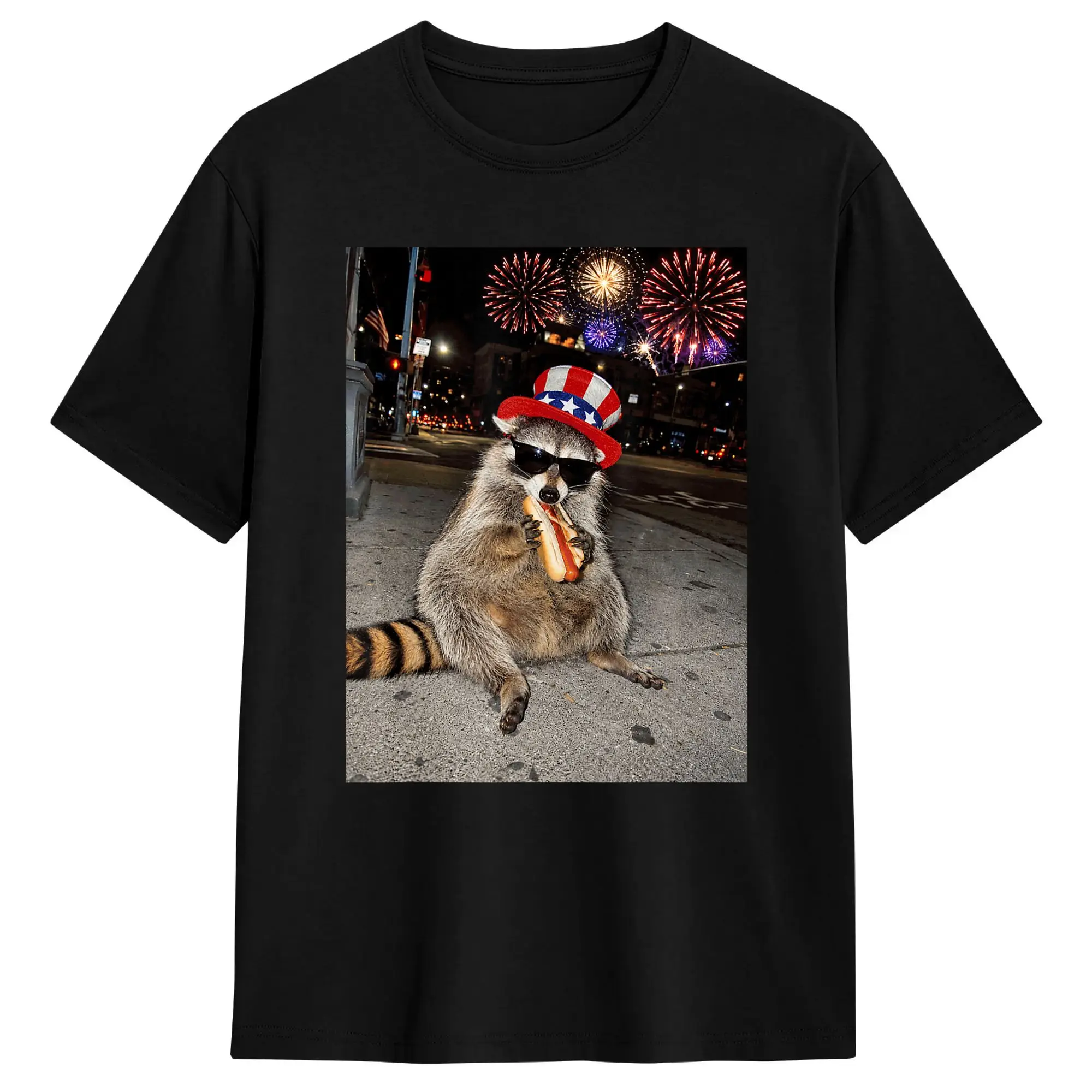 Funny Raccoon Eating Hot Dog 4th of July Cotton T Shirt For Man Summer Streetwear T-Shirts Harajuku Tees Oversize Print Clothing