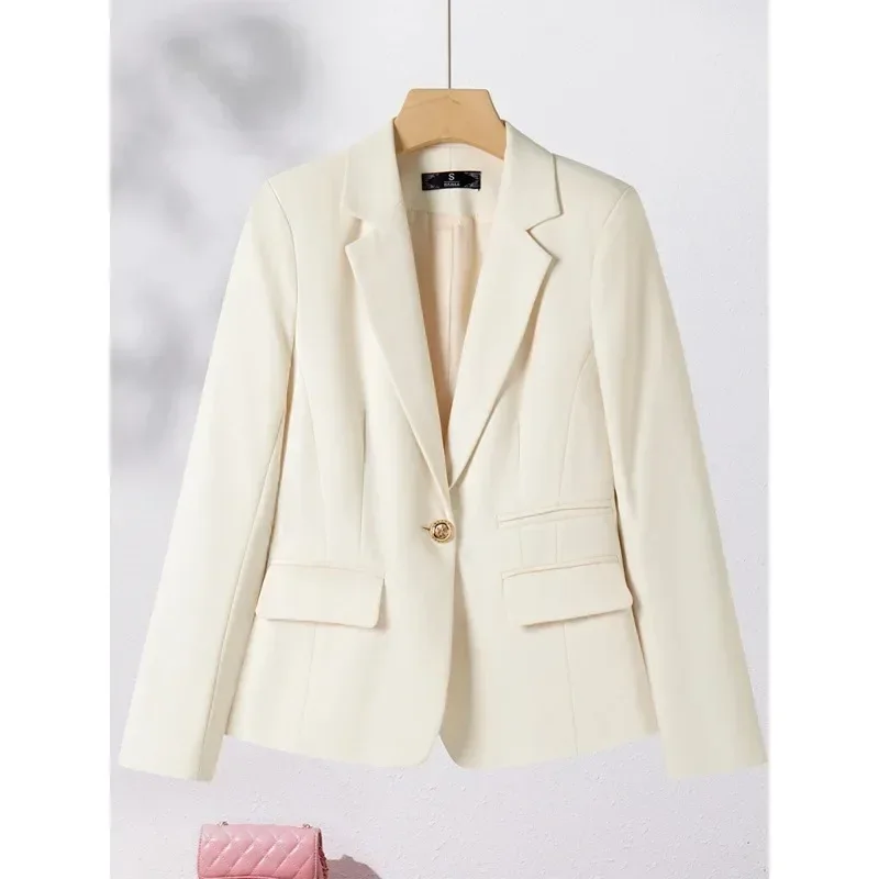 Blazer à manches longues pour femme, manteau formel pour femme, veste monochrome pour femme, bouton unique, vêtements de travail, beige, noir, ingent, automne, hiver