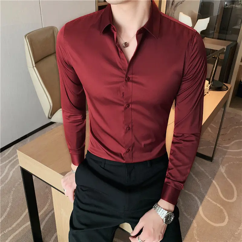 Boutique Fashion Solid Color Formal Wedding Dress Men's Long-sleeved Shirts Club Banquet Party Social Male Shirt
