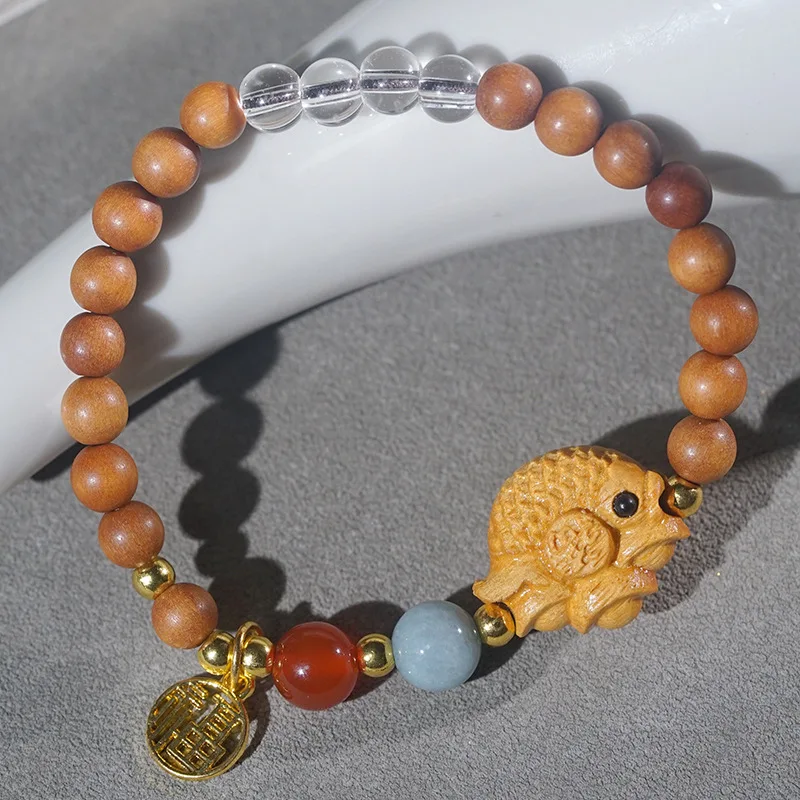 

Old Sandalwood 6mm DIY Single Loop Collectible Bracelet With Blessing Pendant Small Fish Charm Jewelry