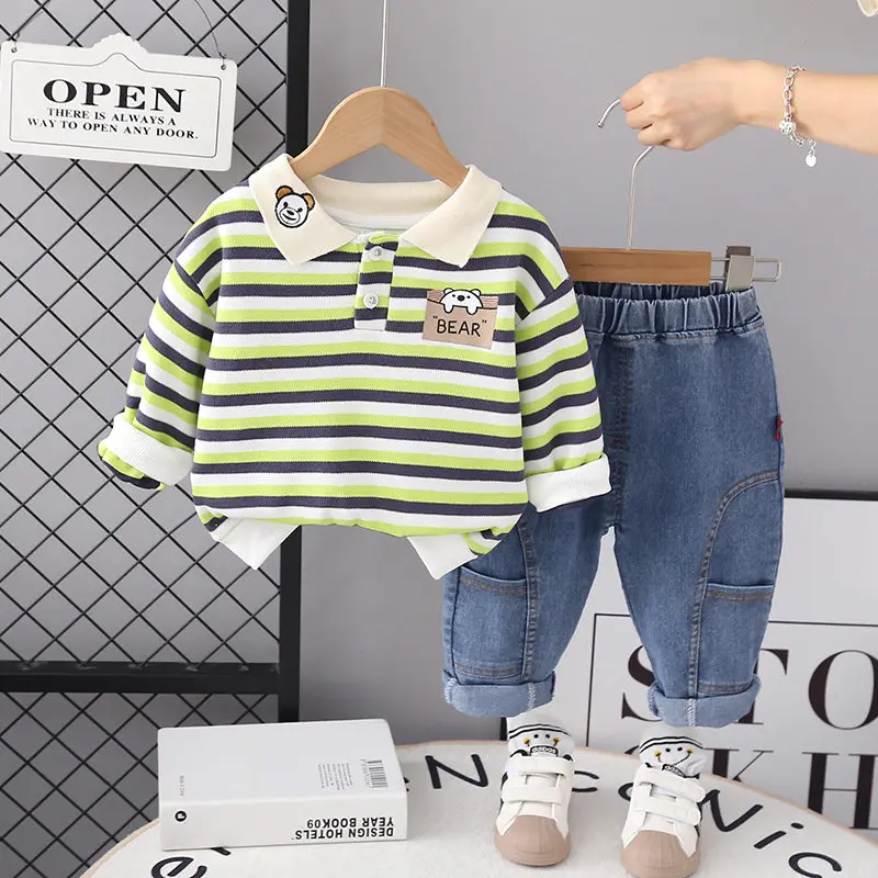 

Spring Autumn Children Clothes Kids Boy Cotton Strips T-shirt Jeans 2Pcs/Set Infant Out Kids Fashion Toddler Clothing Tracksuits