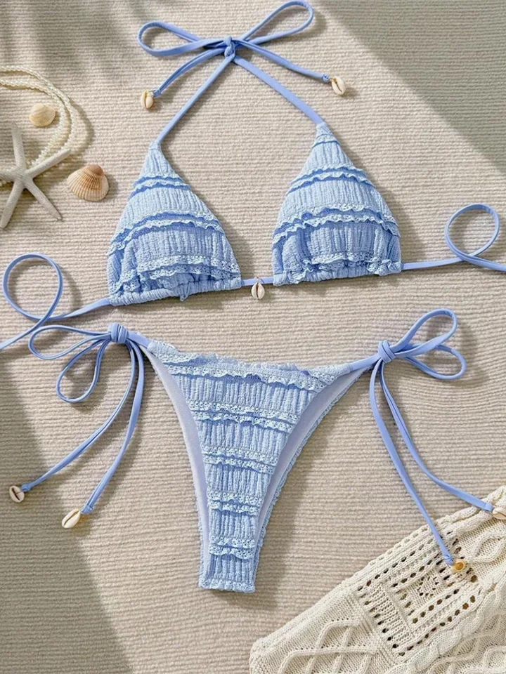 Vzvn Sexy Blue Laced Up Bikinis Set Women Split Swimsuit Beach Vacation Bikini 2026 New All Season Backless Bikinis 2 Piece Set